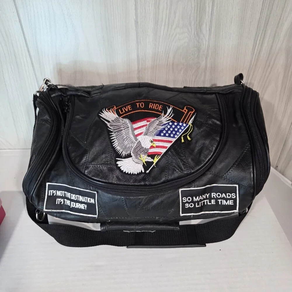 Genuine Buffalo Leather Motorcycle Bag Live to Ride Eagle USA Flag Patches Black